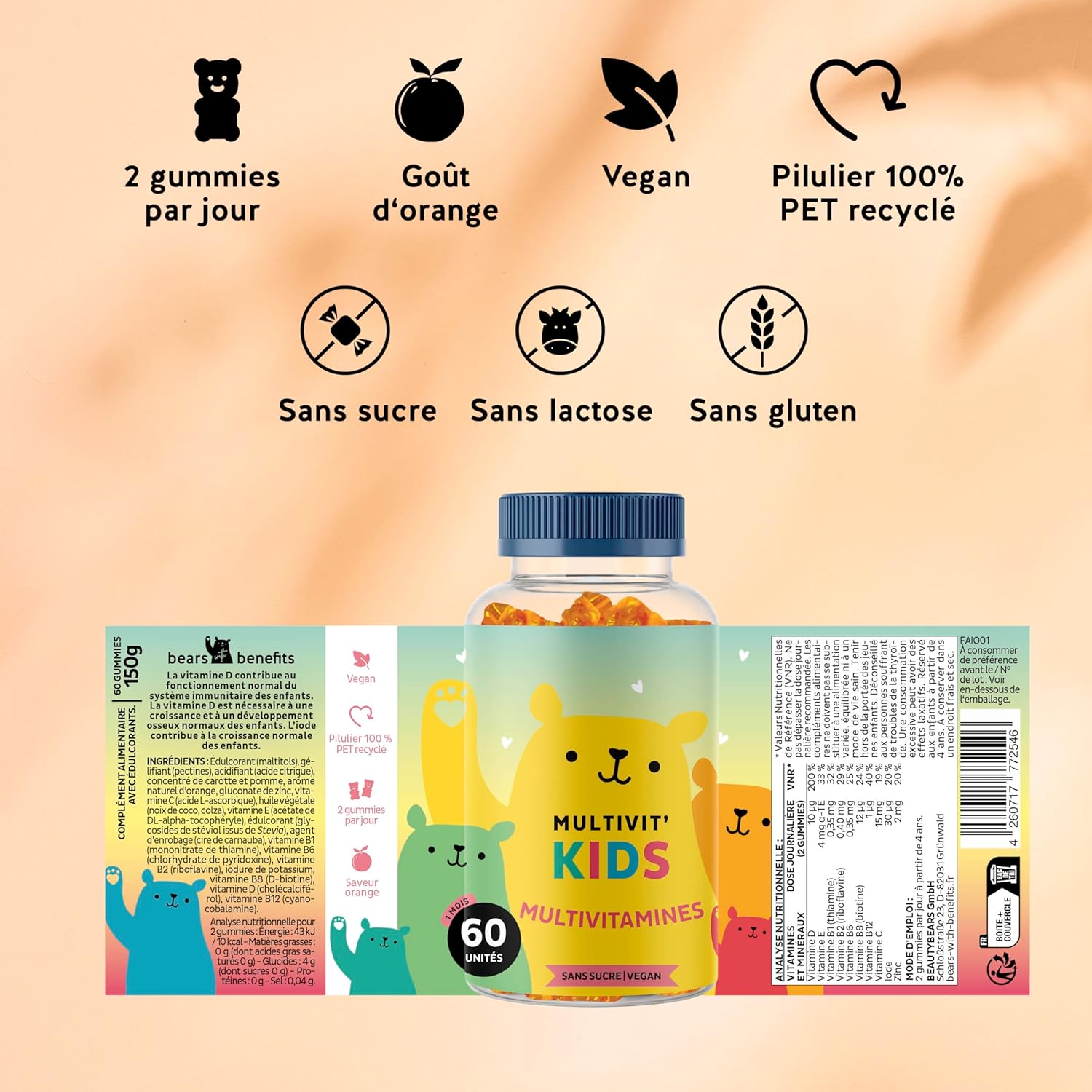 Gummies Multivitamin For Children From 4 Years, Multivit' Kids - Immune Defences Support - With Vitamins B12, C, D, E and Iodine - 60 Units (1 Month), Vegan, Sugar Free, Bears with Benefits - Image 8