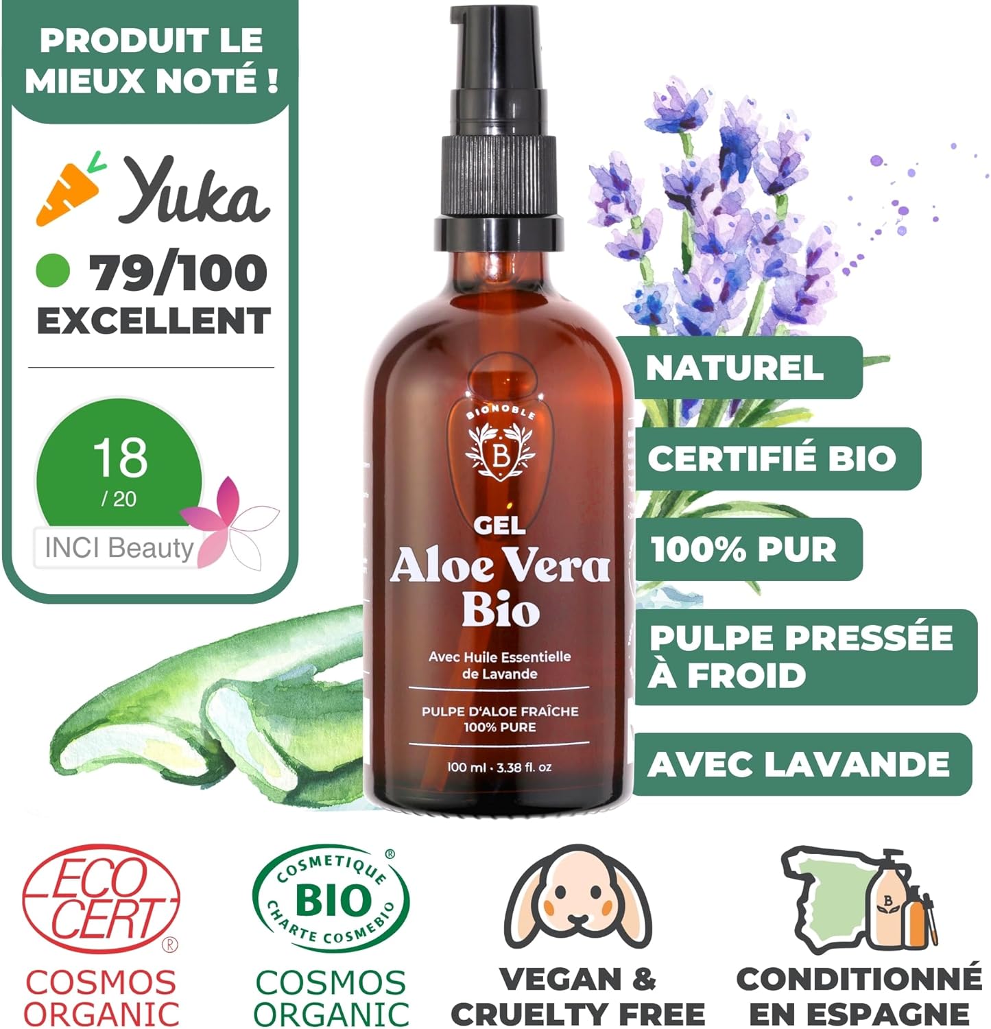 Bionoble Gel Aloe Vera Bio 100% Pur Aloe 100ml - Flacon Verre Recyclable + Pompe - Gel Aloe Vera Cheveux Bouclés, Hydratant Crème Aloe Vera Visage, Soin Coup de Soleil Corps - Aloe Vera Gel Bio - Image 3