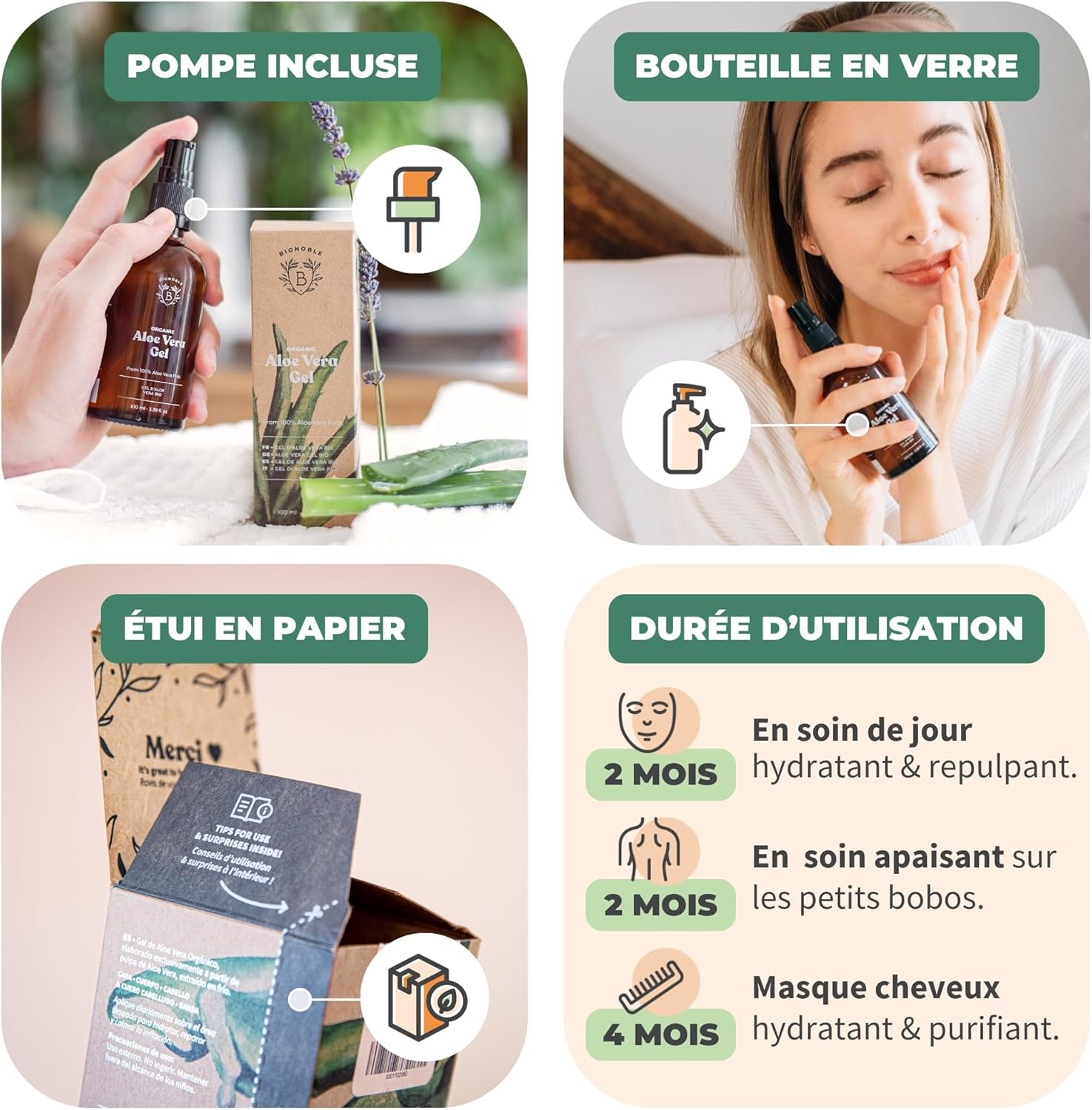 Bionoble Gel Aloe Vera Bio 100% Pur Aloe 100ml - Flacon Verre Recyclable + Pompe - Gel Aloe Vera Cheveux Bouclés, Hydratant Crème Aloe Vera Visage, Soin Coup de Soleil Corps - Aloe Vera Gel Bio - Image 5