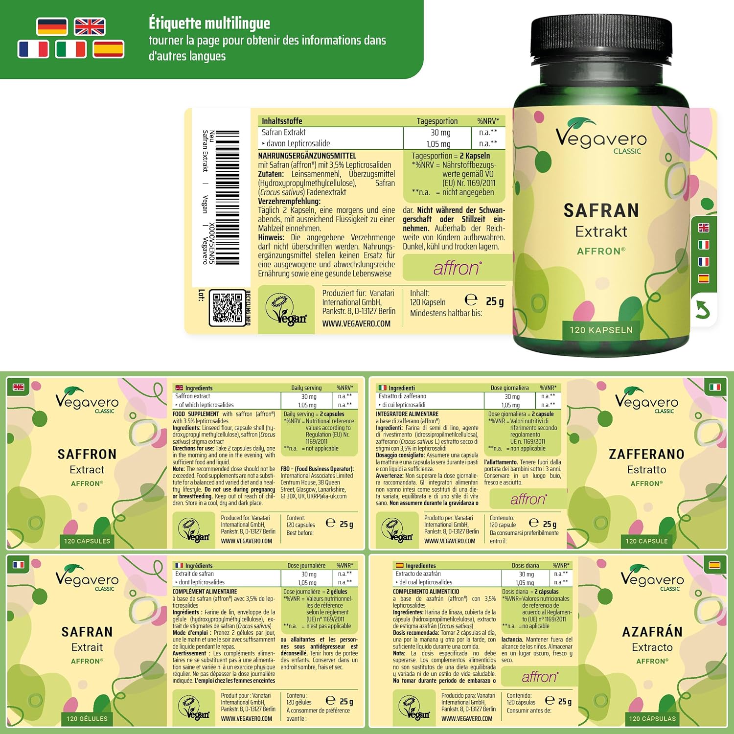 Saffron 30 mg | Quality Extract: Affron® | 120 Capsules | Laboratory Tested | Vegan & No Additives | Vegavero® - Image 3