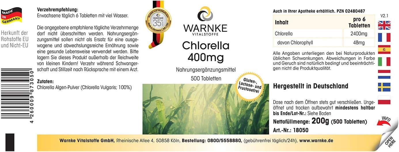 Chlorella 400 mg - 500 tablets - Vegetarian - Chlorella pyrenoidosa - Rich in chlorophyll and vitamin B12 | Warnke Vitalstoffe - Image 3