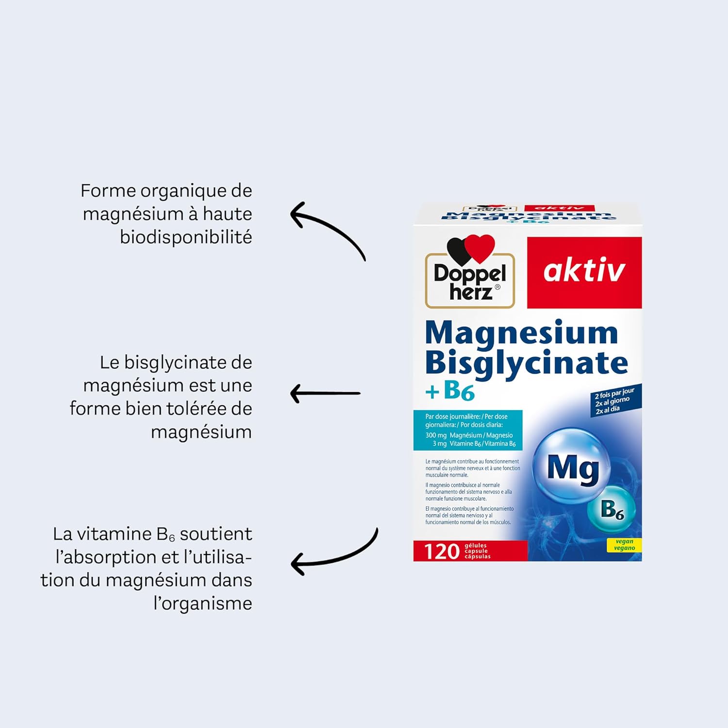 Doppelherz Magnesium Bisglycinate + B6 - High Bioavailability - Reduce Fatigue - Muscle & Nerve Function - 120 Capsules - Image 3