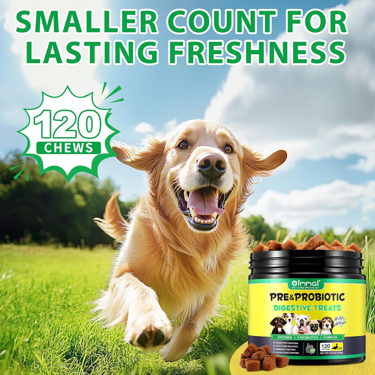 Dog Probiotic Tablets for Chewing, Prebiotics and Digestive Prebiotics for All Dogs, Stomach Pain, Stools and Bloating, Immunity, Itching, Diarrhea Duck Flavour (300g, 120tablets) - Image 9