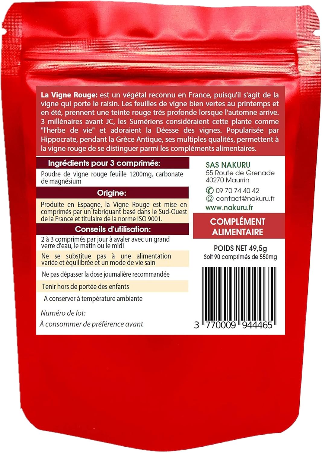 NAKURU | Red Vine | Power Range | Made in France | "La Plante des Jambes Légères!" | (90 Tablets of 550mg / Net Weight: 49.5g) - Image 3