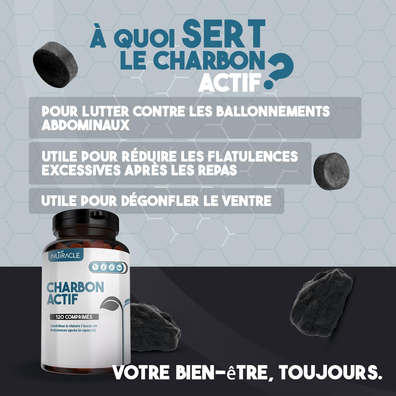 Nutracle Activated Carbon Plant-Based 120 Tablets of 500 mg - Supplement Against Abdominal Bloating and Intestinal Gases Flatulence for Men and Women - Image 3