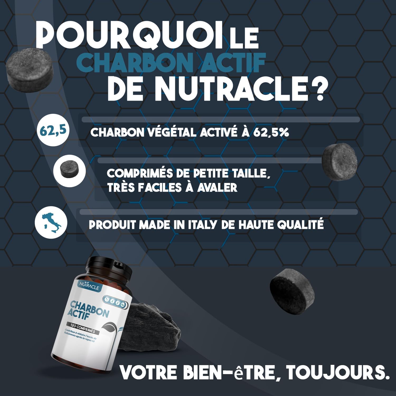 Nutracle Activated Carbon Plant-Based 120 Tablets of 500 mg - Supplement Against Abdominal Bloating and Intestinal Gases Flatulence for Men and Women - Image 5