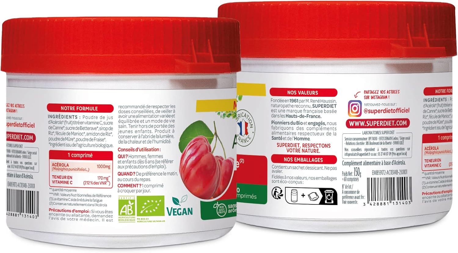 SUPERDIET - ACEROLA 1000 ORGANIC - High concentration of Vitamin C-Reduction of fatigue -Maxi jar of 60 chewable tablets - Image 3