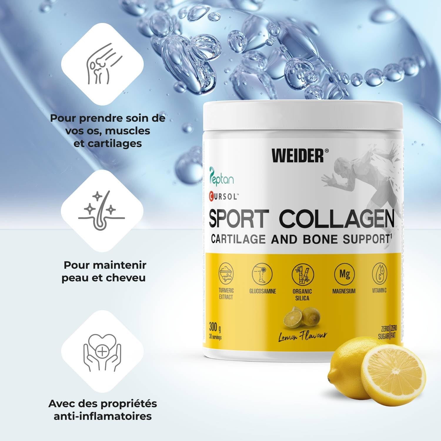 Weider Sport Collagen (300g) Lemon Taste, Hydrolyzed Collagen Peptides 100% Peptan, with Glucosamine, Turmeric, Silicon, Hyaluronic Acid, Magnesium, Vitamin C, Cartilage and Bone - Image 3