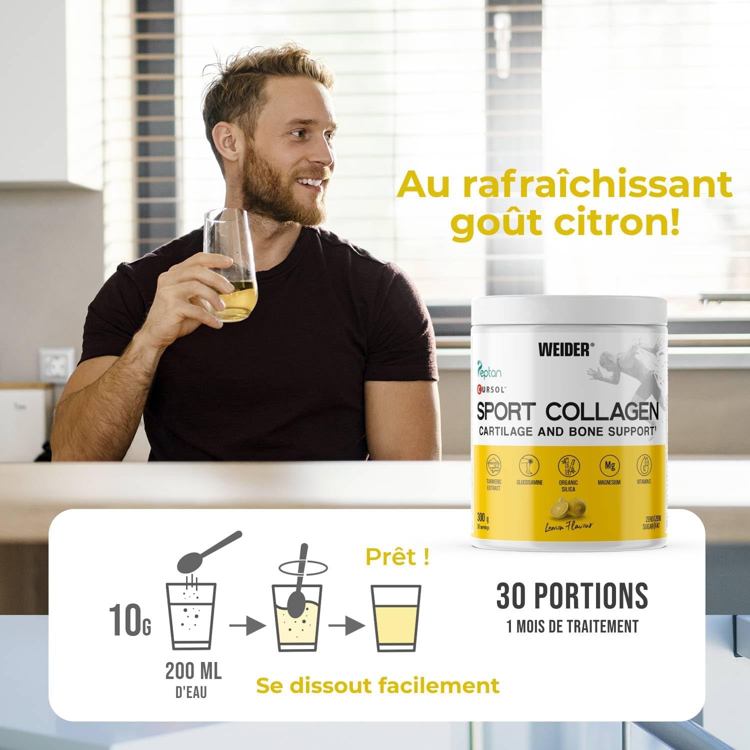 Weider Sport Collagen (300g) Lemon Taste, Hydrolyzed Collagen Peptides 100% Peptan, with Glucosamine, Turmeric, Silicon, Hyaluronic Acid, Magnesium, Vitamin C, Cartilage and Bone - Image 5