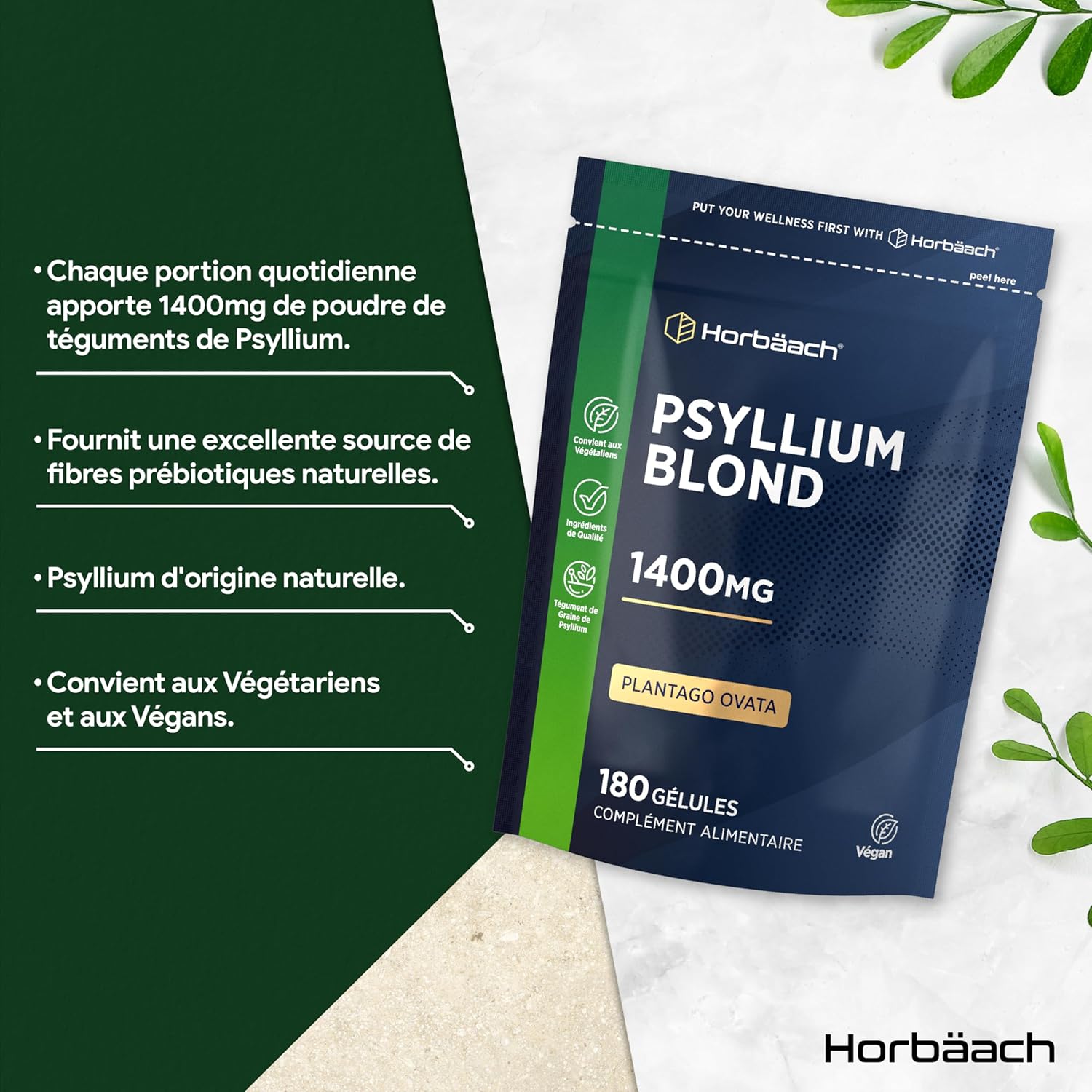 Psyllium Blond Capsules 1400 mg | 180 Vegan Capsules | Husk Fiber High Dosage | Natural Prebiotic | Horbaach - Image 3