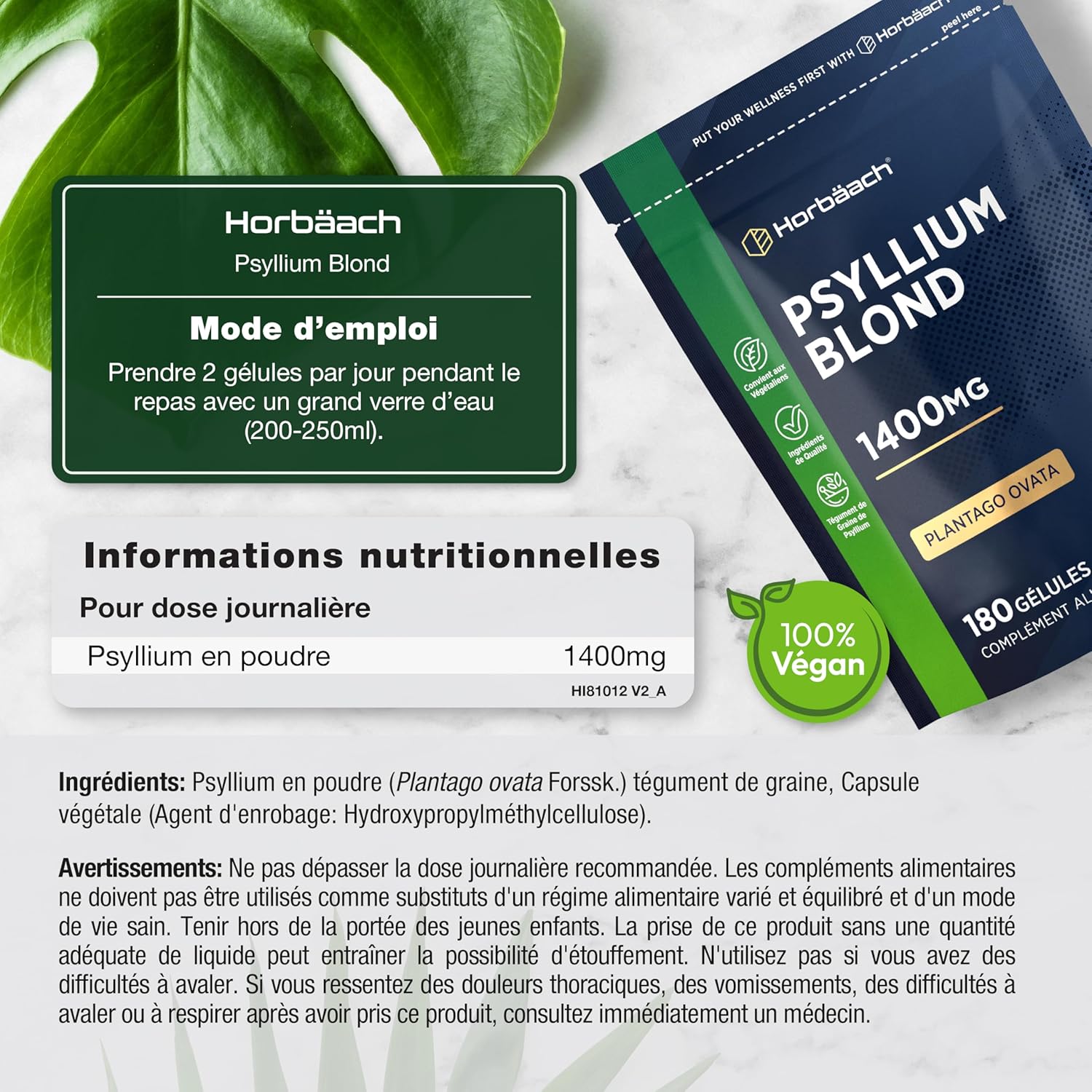 Psyllium Blond Capsules 1400 mg | 180 Vegan Capsules | Husk Fiber High Dosage | Natural Prebiotic | Horbaach - Image 4