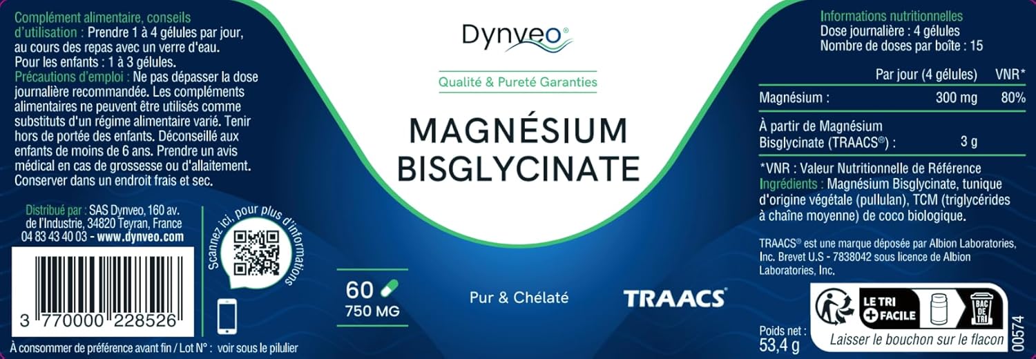 Magnesium Bisglycinate Chelate 100% Pure - 60 Capsules - Energy & Nervous System Support - TRAACS Albion Minerals Label - High Absorption - Additive Free Formula - Dynveo - Image 8