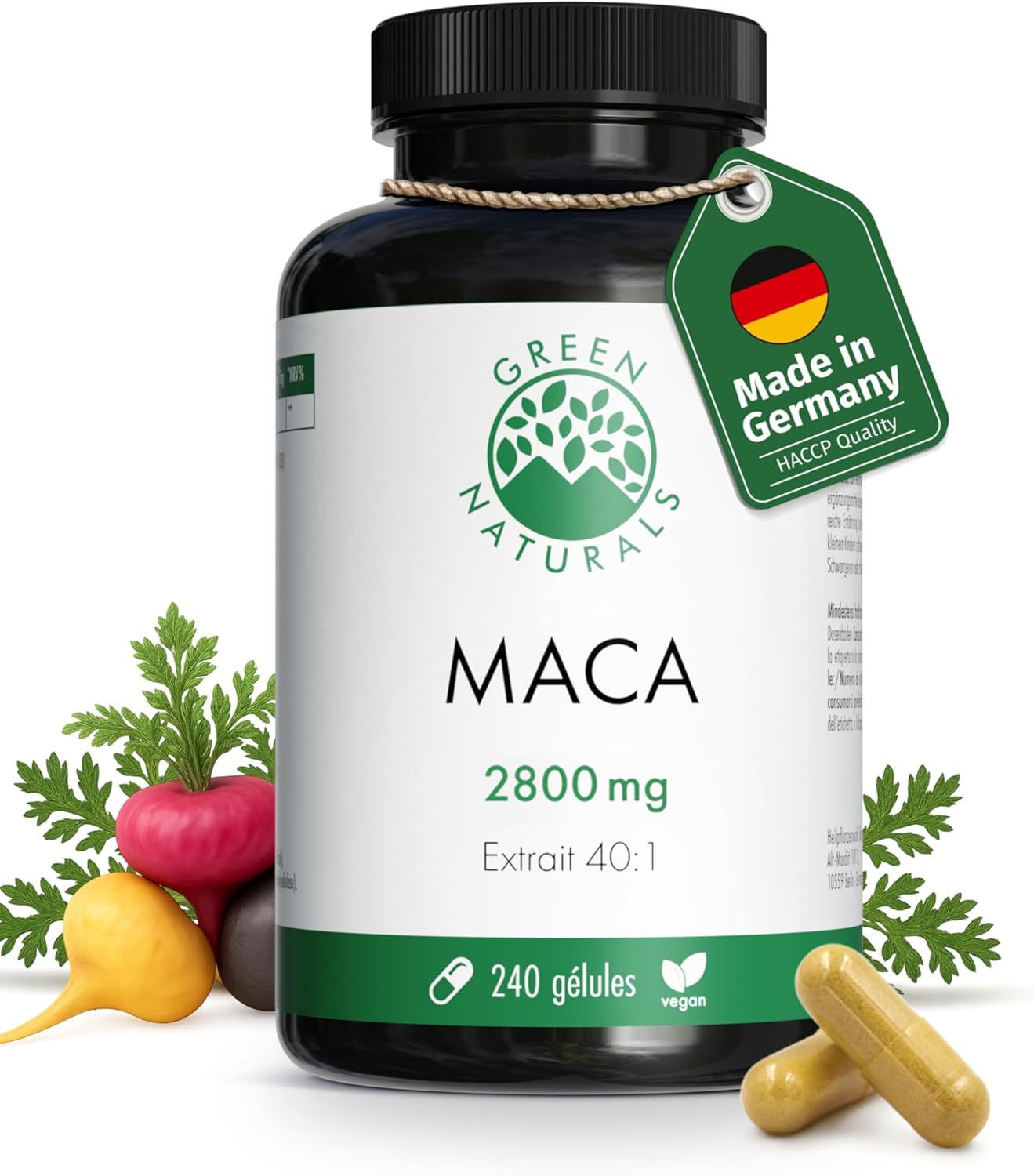 3-in-1 Maca Complex Black-Red-Gold – High Dosage: 112.000 mg Maca Powder (2.800 mg Extract (40:1)) – Stock for 2 Months – Vegan & Lab Tested – Green Natural - Image 2