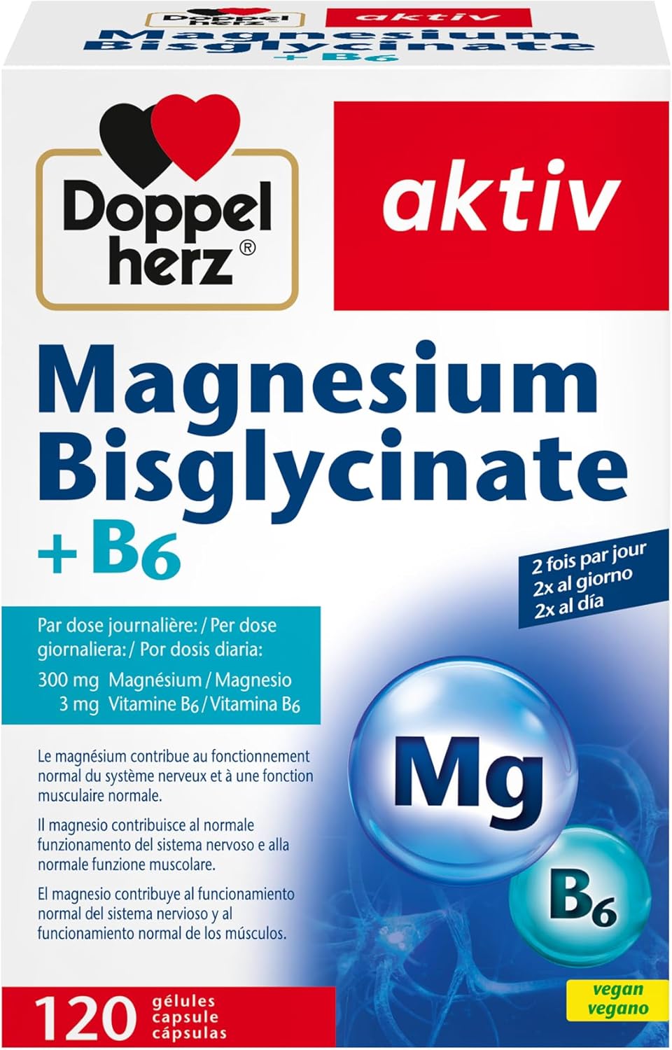 Doppelherz Magnesium Bisglycinate + B6 - High Bioavailability - Reduce Fatigue - Muscle & Nerve Function - 120 Capsules - Image 2