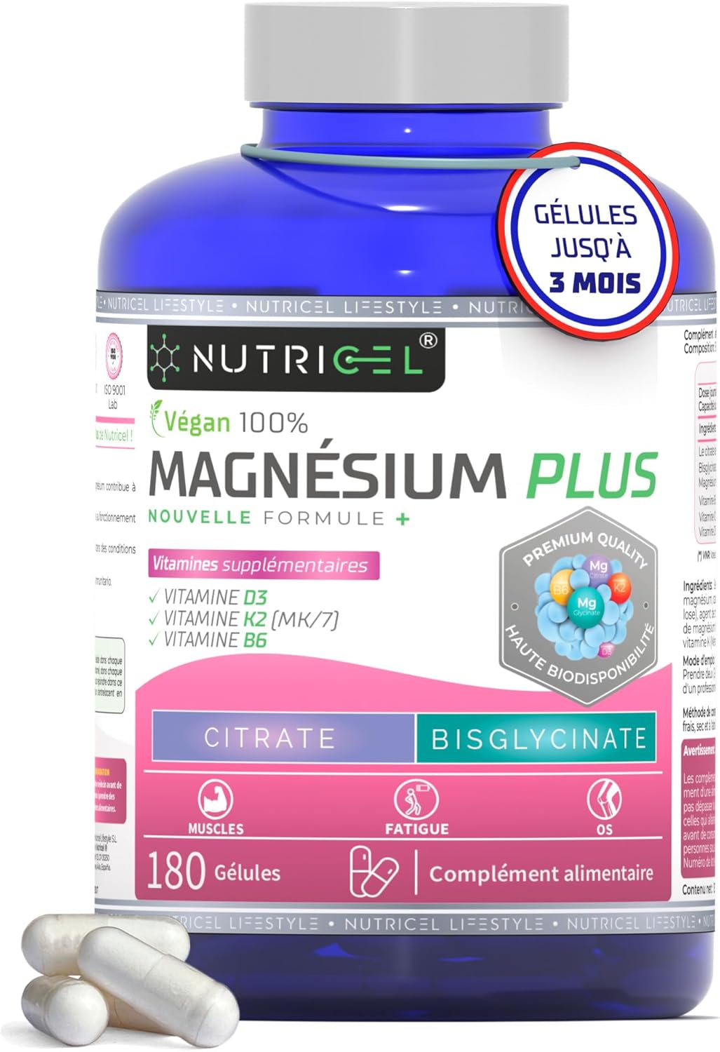 Magnesium Bisglycinate + Citrate - 2177mg - Vitamin B6, D3 and K2 | Fatigue | Magnesium Bisglycinate and Magnesium Citrate | Up to 4 Months | 180 Capsules Vegan - Image 2