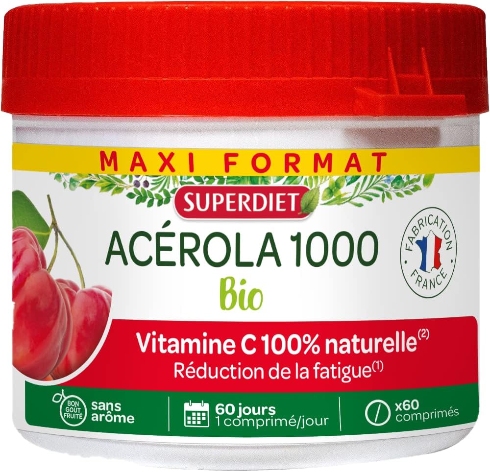SUPERDIET - ACEROLA 1000 ORGANIC - High concentration of Vitamin C-Reduction of fatigue -Maxi jar of 60 chewable tablets - Image 2