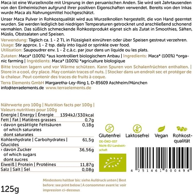 Terra Elements Organic Maca Powder 125g I Yellow Maca Root from Peru I 100% Pure I Vegan I Raw Quality - Image 4