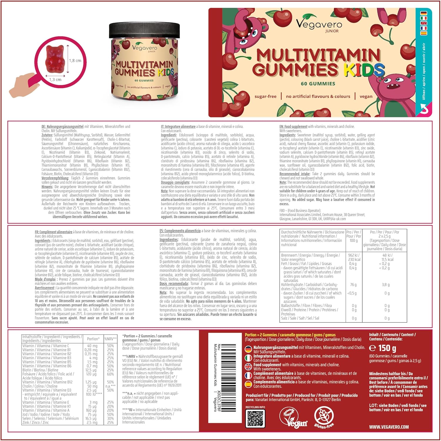 Gummies Child Multivitamins | Sugar Free | 17 Nutrients: Vitamins C, D, B, Zinc, Selenium, Iodine … | Immunity + Fatigue | Cherry Taste | Vegavero - Image 3