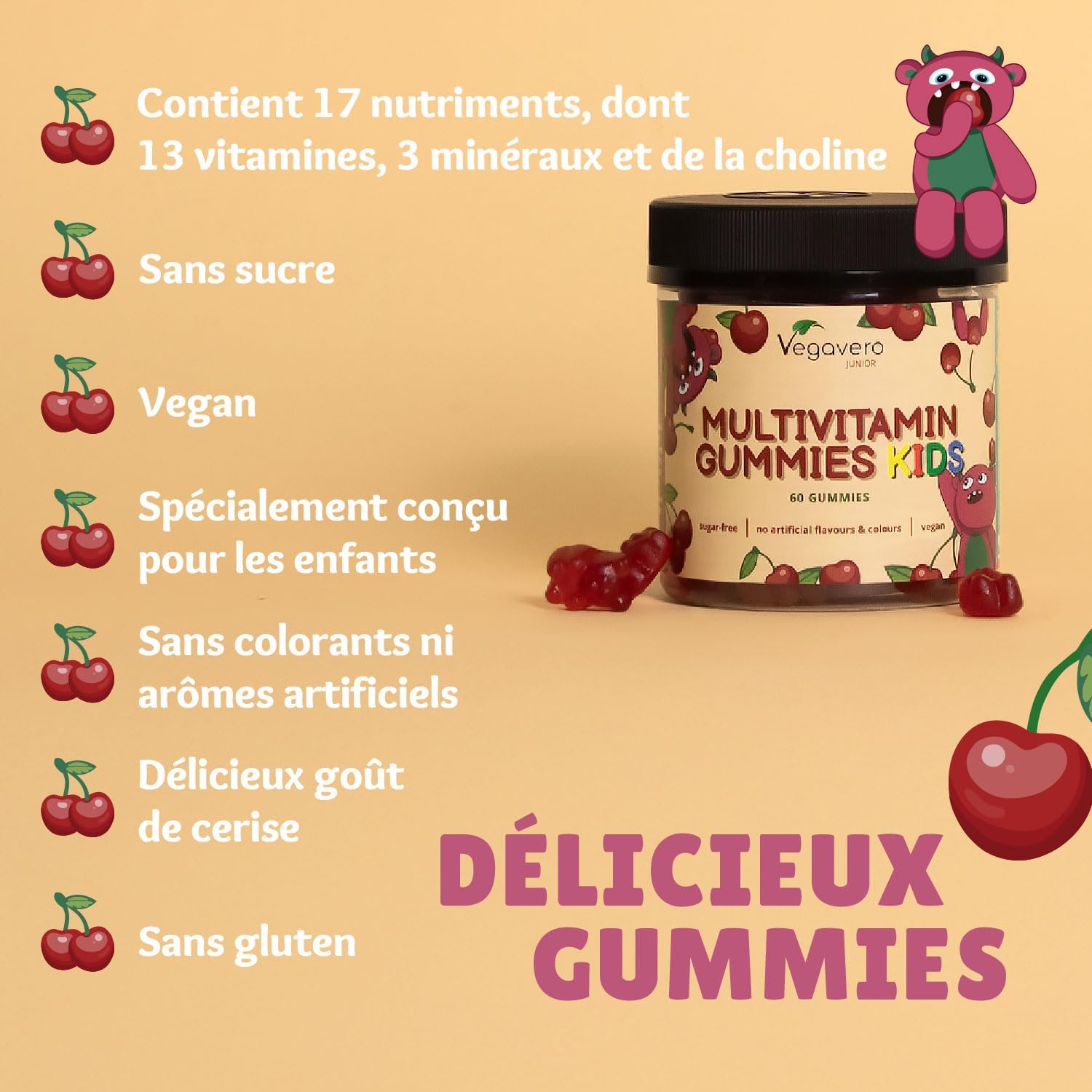 Gummies Child Multivitamins | Sugar Free | 17 Nutrients: Vitamins C, D, B, Zinc, Selenium, Iodine … | Immunity + Fatigue | Cherry Taste | Vegavero - Image 5