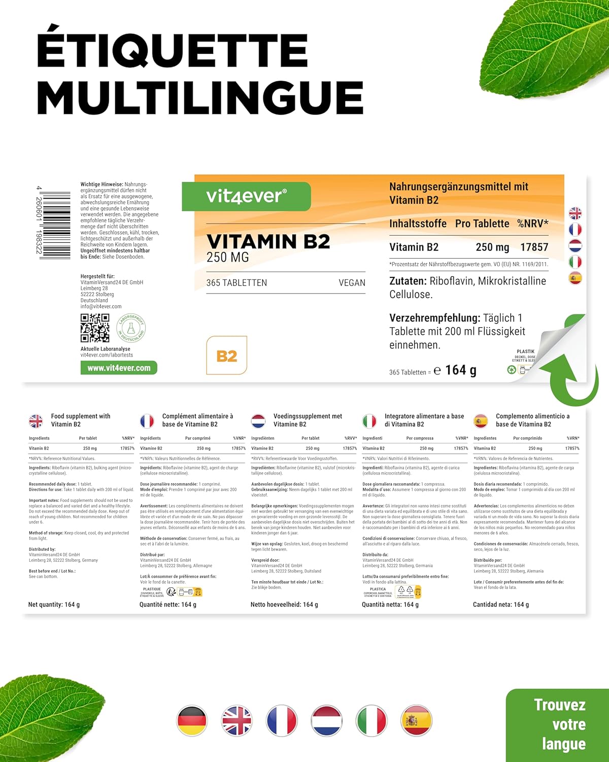 Vitamin B2 (Riboflavin) - 250 mg - 365 tablets - High dose - No unwanted additives - Vegan - Image 7