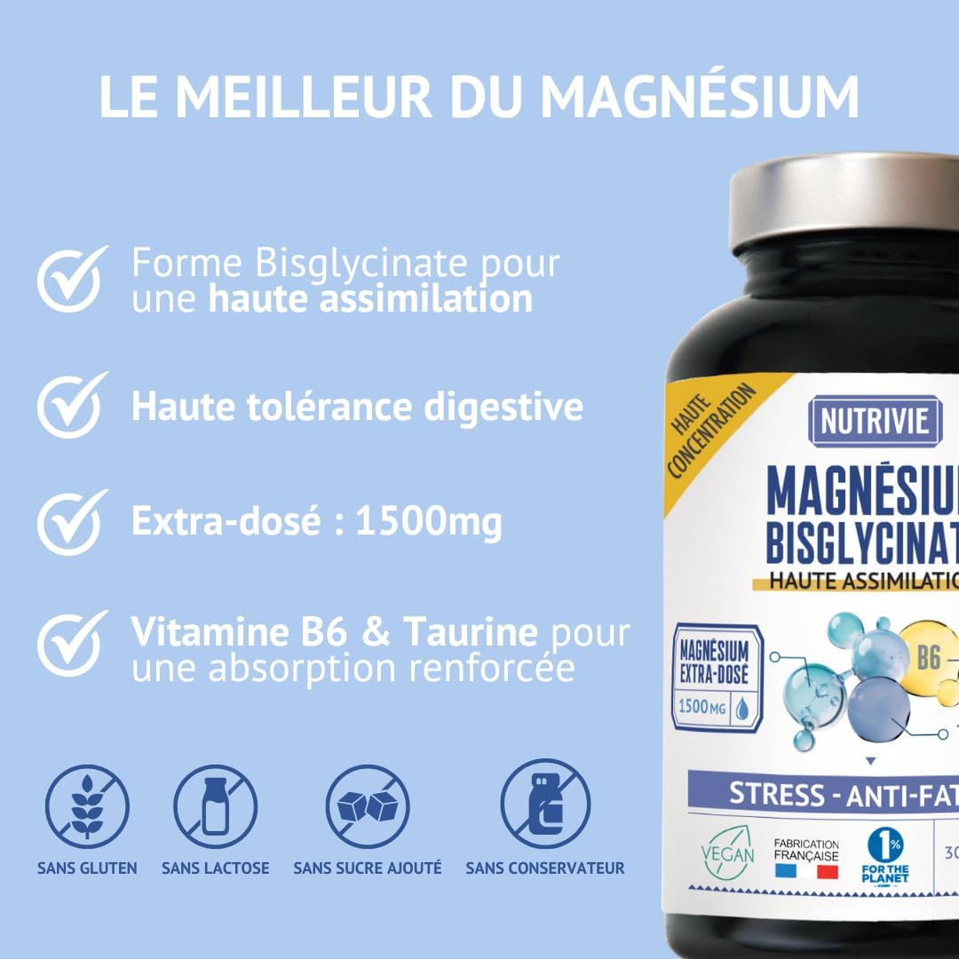 Magnesium Bisglycinate 1500 mg - Vitamin B6 & Taurine - Stress, Fatigue & Sleep - High Absorption & High Concentration - 120 Capsules - Made in France - Nutrivie - Image 4