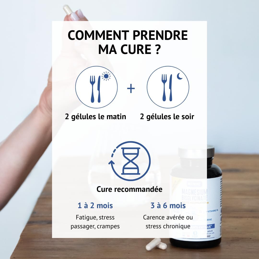Magnesium Bisglycinate 1500 mg - Vitamin B6 & Taurine - Stress, Fatigue & Sleep - High Absorption & High Concentration - 120 Capsules - Made in France - Nutrivie - Image 5