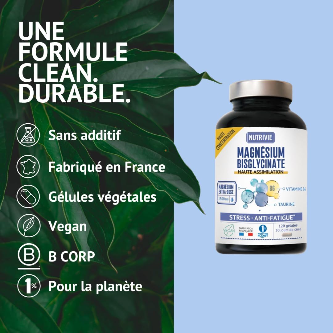 Magnesium Bisglycinate 1500 mg - Vitamin B6 & Taurine - Stress, Fatigue & Sleep - High Absorption & High Concentration - 120 Capsules - Made in France - Nutrivie - Image 6