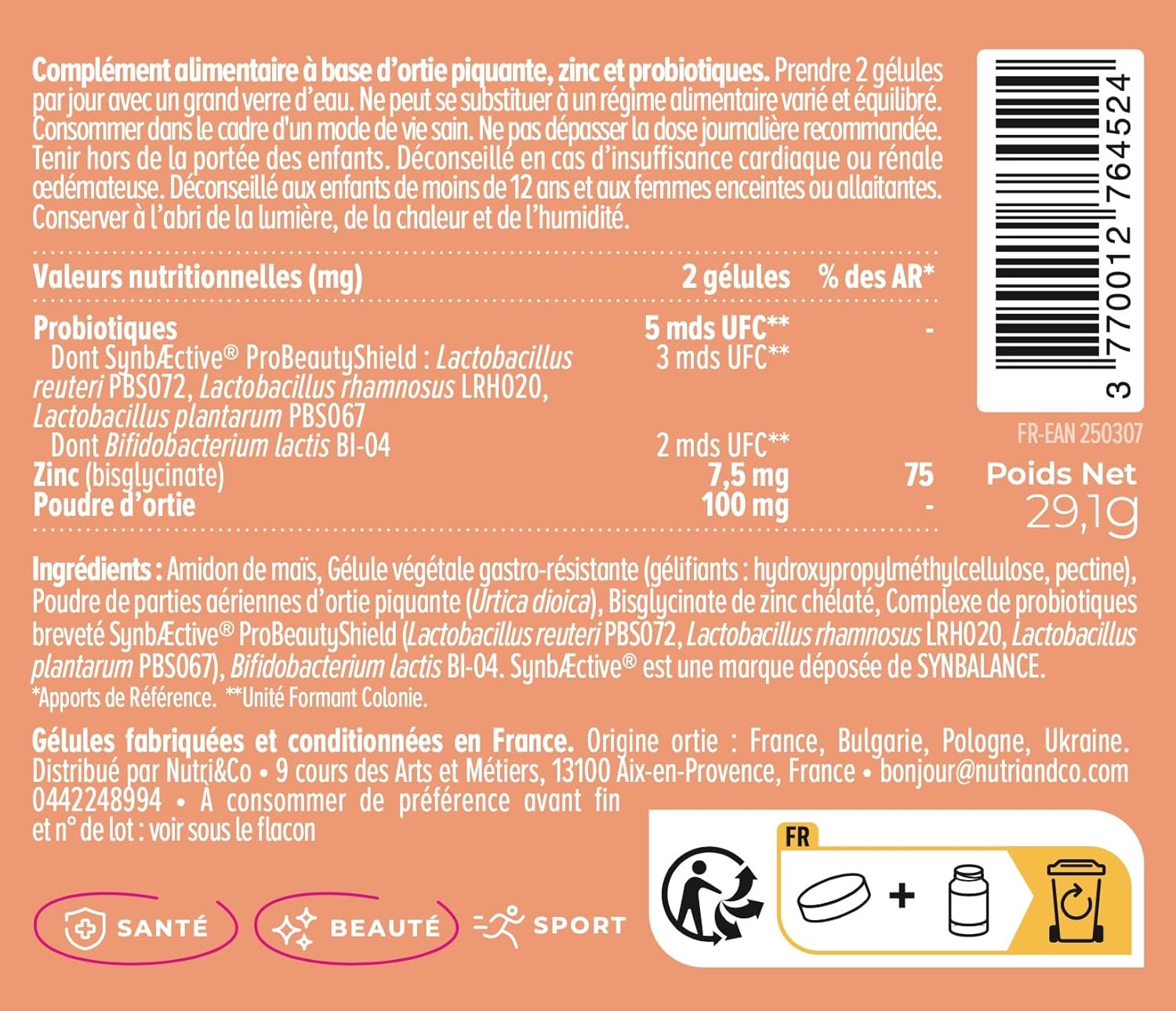 NUTRI & CO Probiotic for Clean Skin - Target Imperfections & Regulates Sebum Production - Zinc Bisglycinate + Nettle + Patented Probiotics - Microbiote-Peau Axis - 60 Vegan Capsules Made in France - Image 5