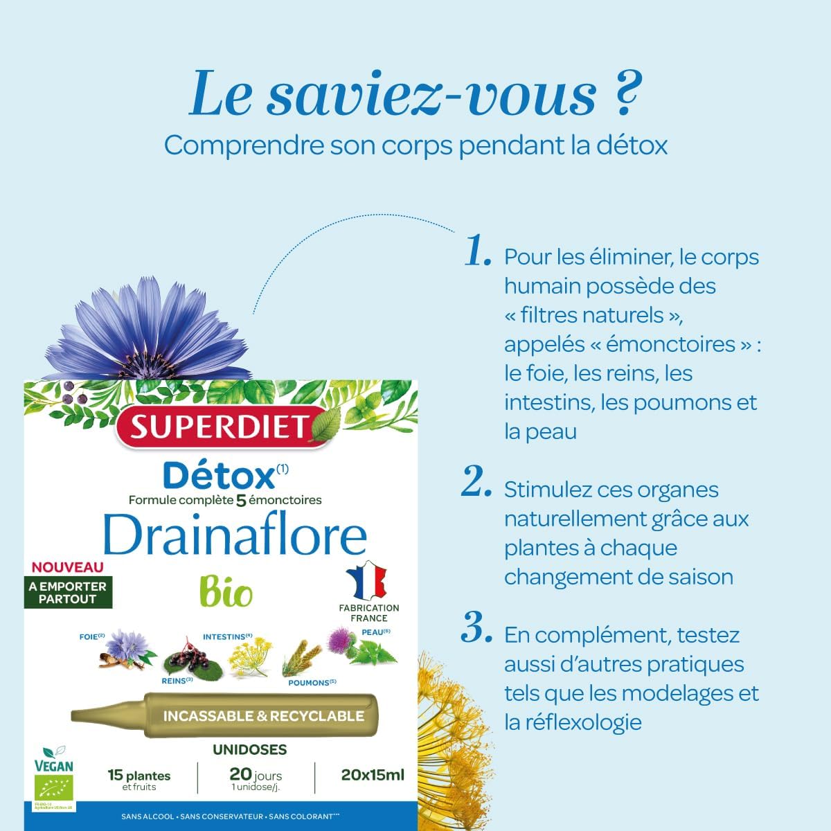 SUPERDIET - DRAINAFLORE ORGANIC - Complete detoxification program for the 5 emunctories - Made in France -Portable format-20 Unidoses of 15 ml - Image 5