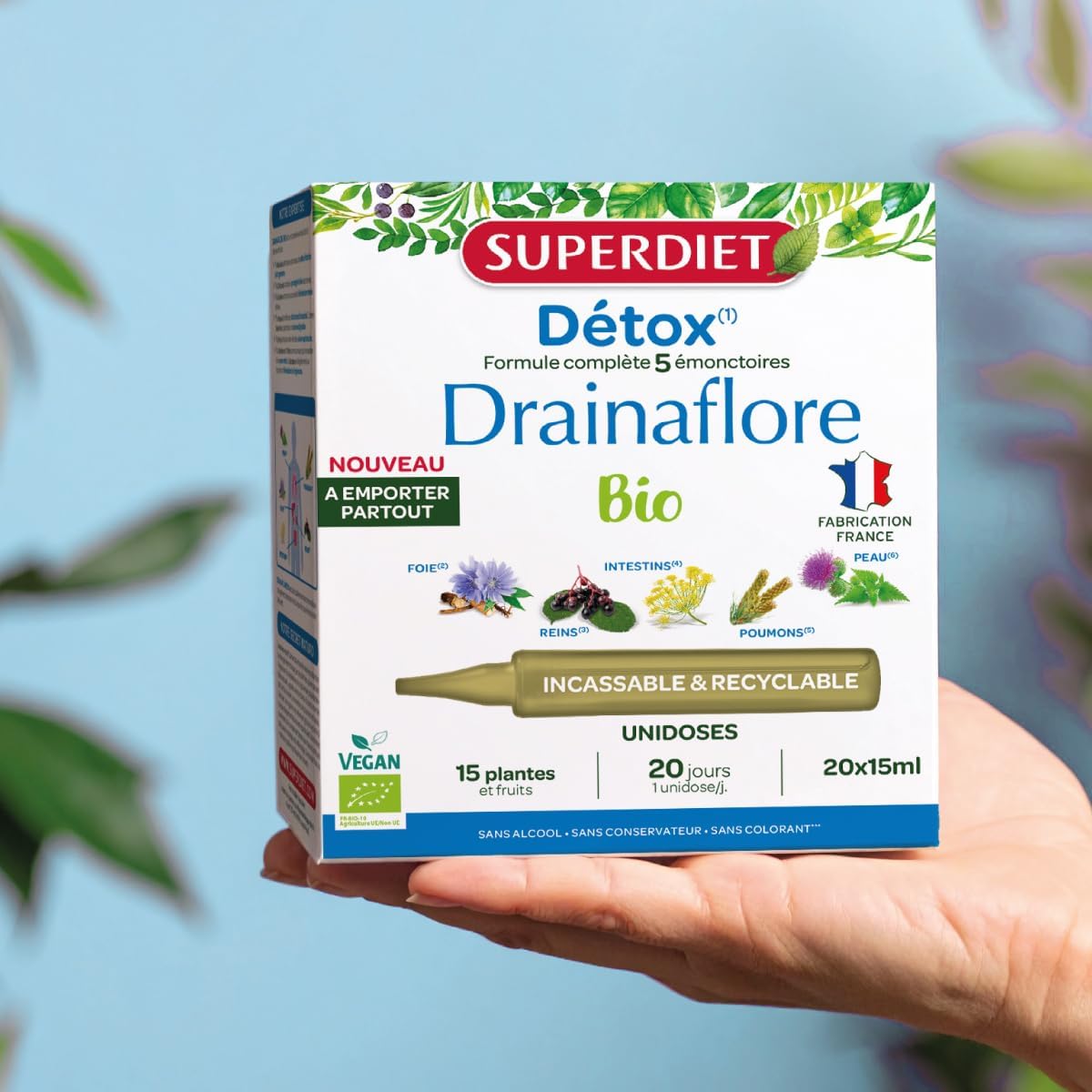 SUPERDIET - DRAINAFLORE ORGANIC - Complete detoxification program for the 5 emunctories - Made in France -Portable format-20 Unidoses of 15 ml - Image 7