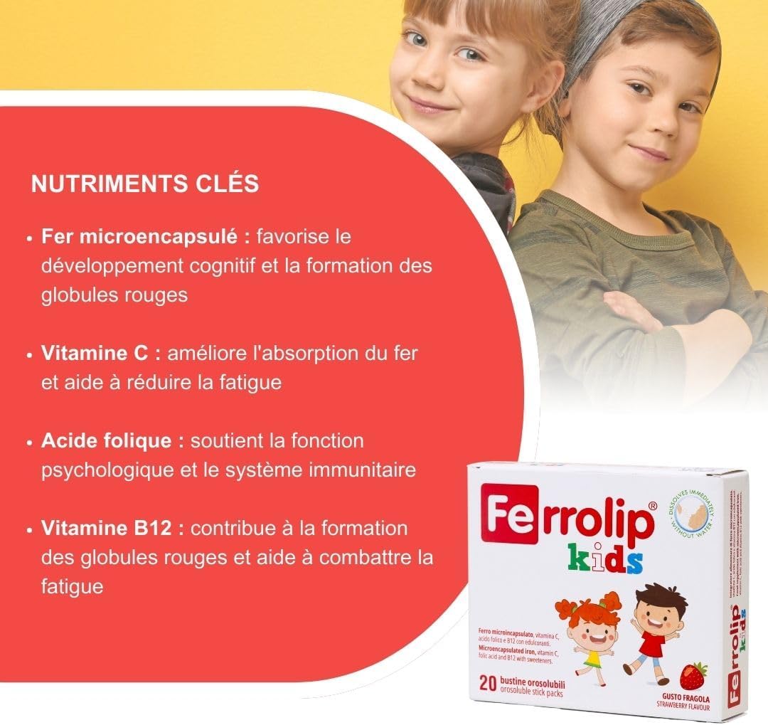 Ferrolip Kids Iron Supplement for Children from 3 Years with Folic Acid, Vitamin C and B12 (20 Oralsoluble Strawberry Sachets) – No Gastrointestinal Disorders – No Metallic Taste - Image 6
