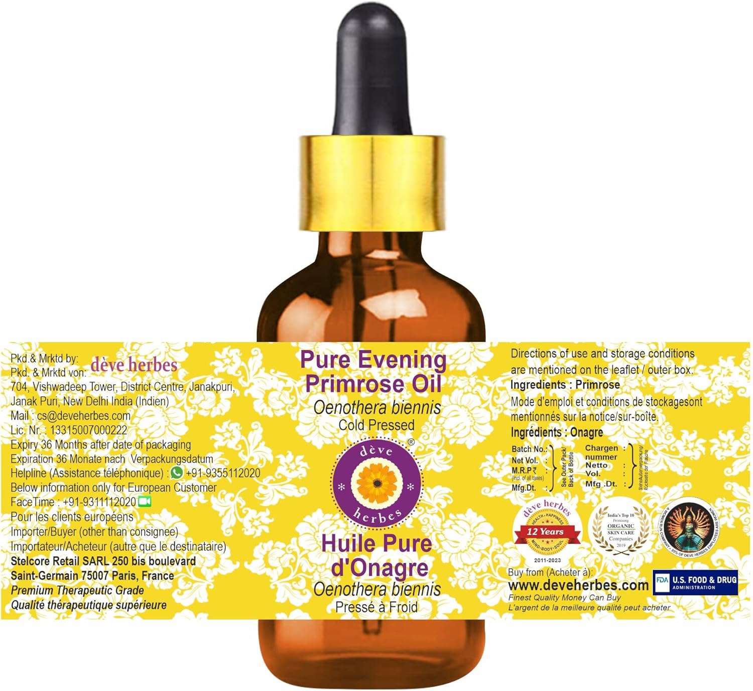 Deve Herbes Pure Evening Primrose Oil (Oenothera biennis) with 100% Natural Therapeutic Grade Cold Pressed Glass Dropper 50 ml (1.69 oz) - Image 3