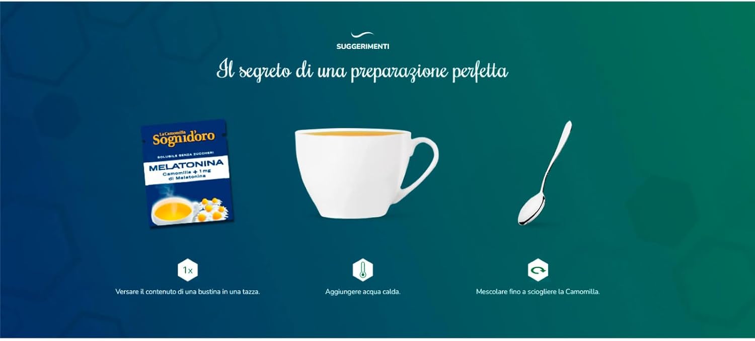 Sognioro Plus Chamomile Soluble with 1 mg of Melatonin Sugar Free to Promote Sleep - 6 Packs of 16 Sachets - Image 3
