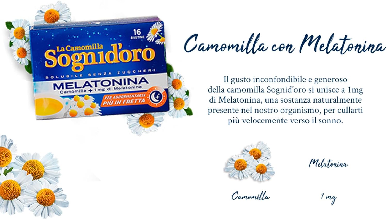 Sognioro Plus Chamomile Soluble with 1 mg of Melatonin Sugar Free to Promote Sleep - 6 Packs of 16 Sachets - Image 5