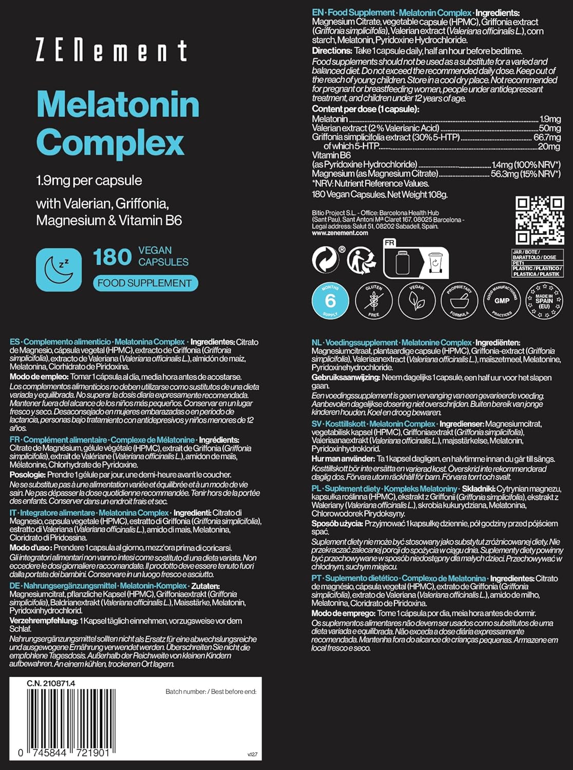 Melatonin Complex 1.9 mg – With Griffonia (20 mg 5‑HTP), Valerian, Magnesium & Vitamin B6 – Contributes to Sleep and Reduce Fatigue – 180 Vegan Capsules – Zenement - Image 5