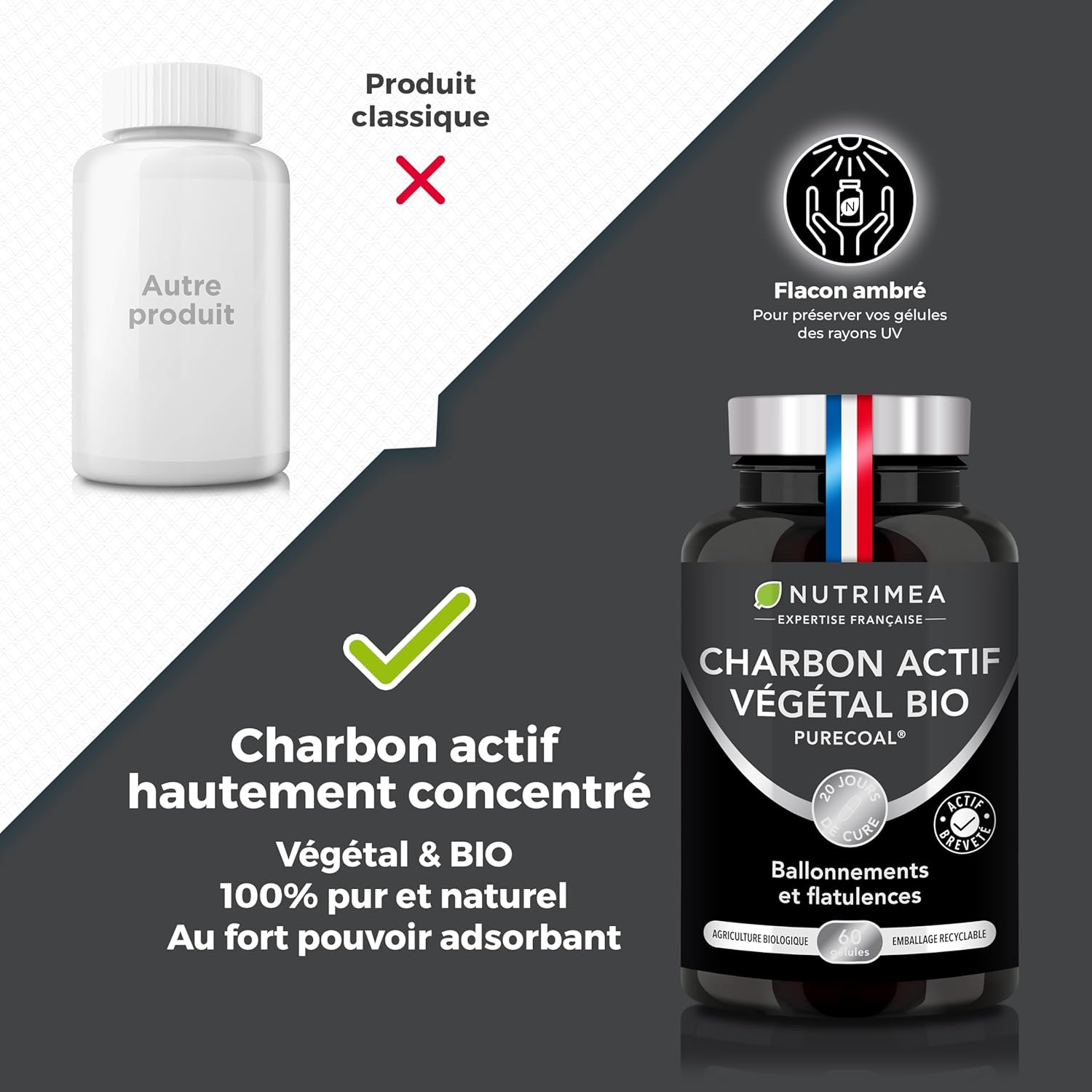 Organic Activated Carbon - Vegetable Charcoal 2000 mg - PURECOAL Patented - Made from French Chestnut Wood - Against Bloating, Flatulence, Swollen Belly - 60 Vegan Capsules - Nutrimea - Image 4