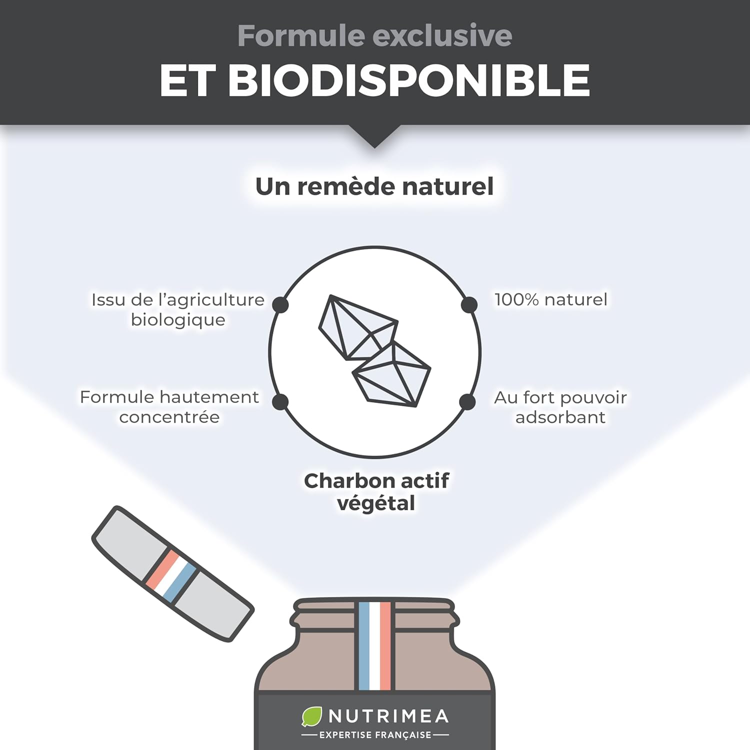 Organic Activated Carbon - Vegetable Charcoal 2000 mg - PURECOAL Patented - Made from French Chestnut Wood - Against Bloating, Flatulence, Swollen Belly - 60 Vegan Capsules - Nutrimea - Image 5