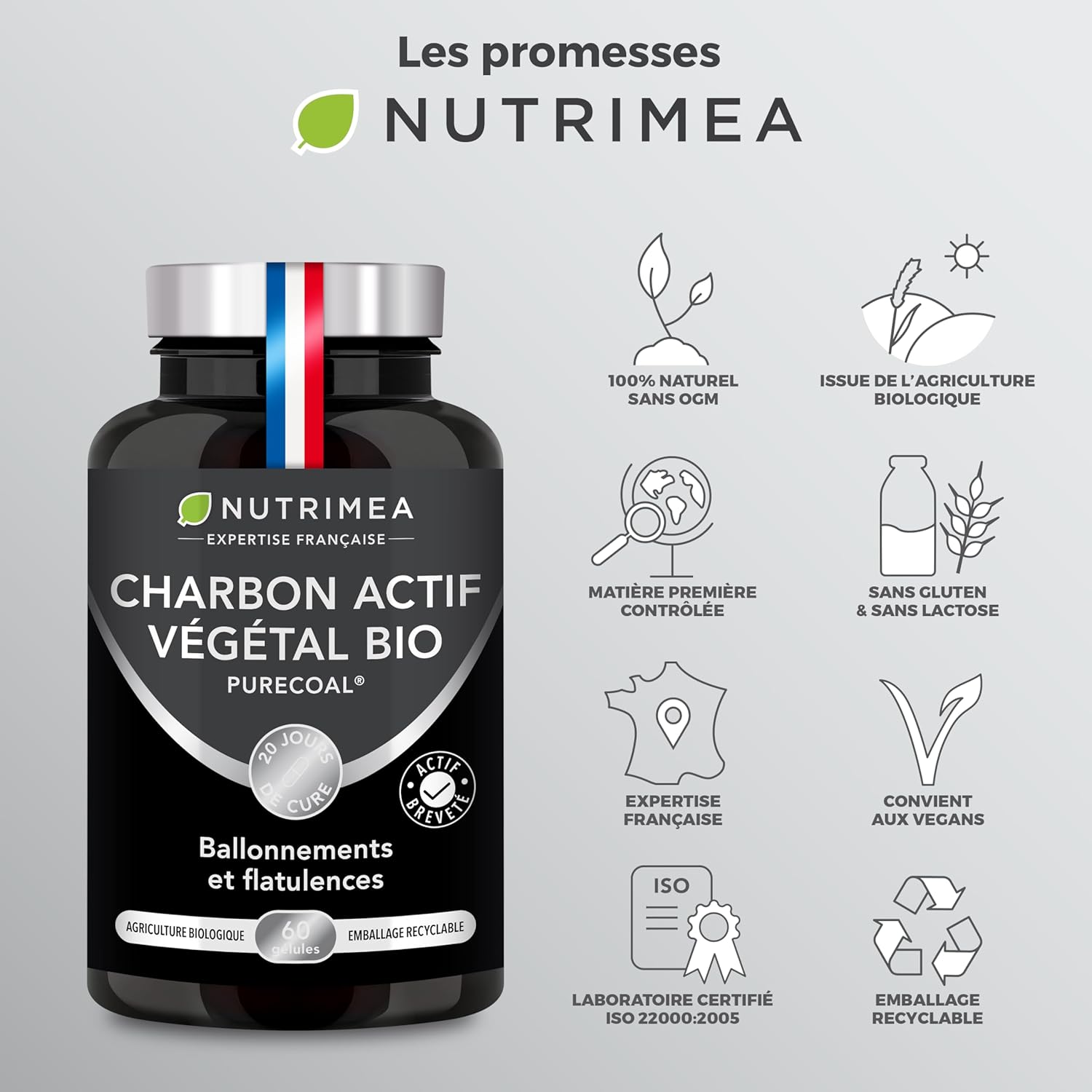 Organic Activated Carbon - Vegetable Charcoal 2000 mg - PURECOAL Patented - Made from French Chestnut Wood - Against Bloating, Flatulence, Swollen Belly - 60 Vegan Capsules - Nutrimea - Image 9