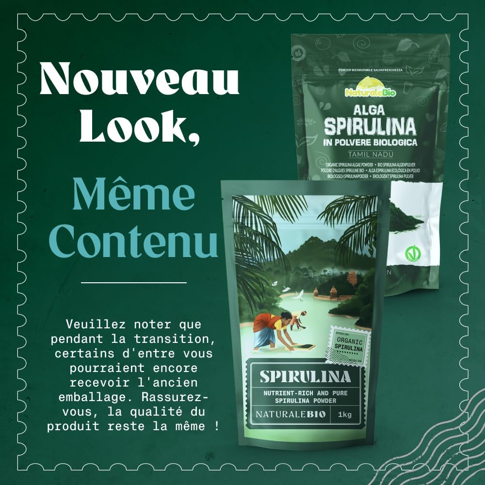 NaturaleBio Organic Spirulina Algae Powder 100 g. Natural and Pure, Grown in tropical regions. Ideal in drinks and smoothies or recipes. Suitable for vegetarian and vegan diets. - Image 5