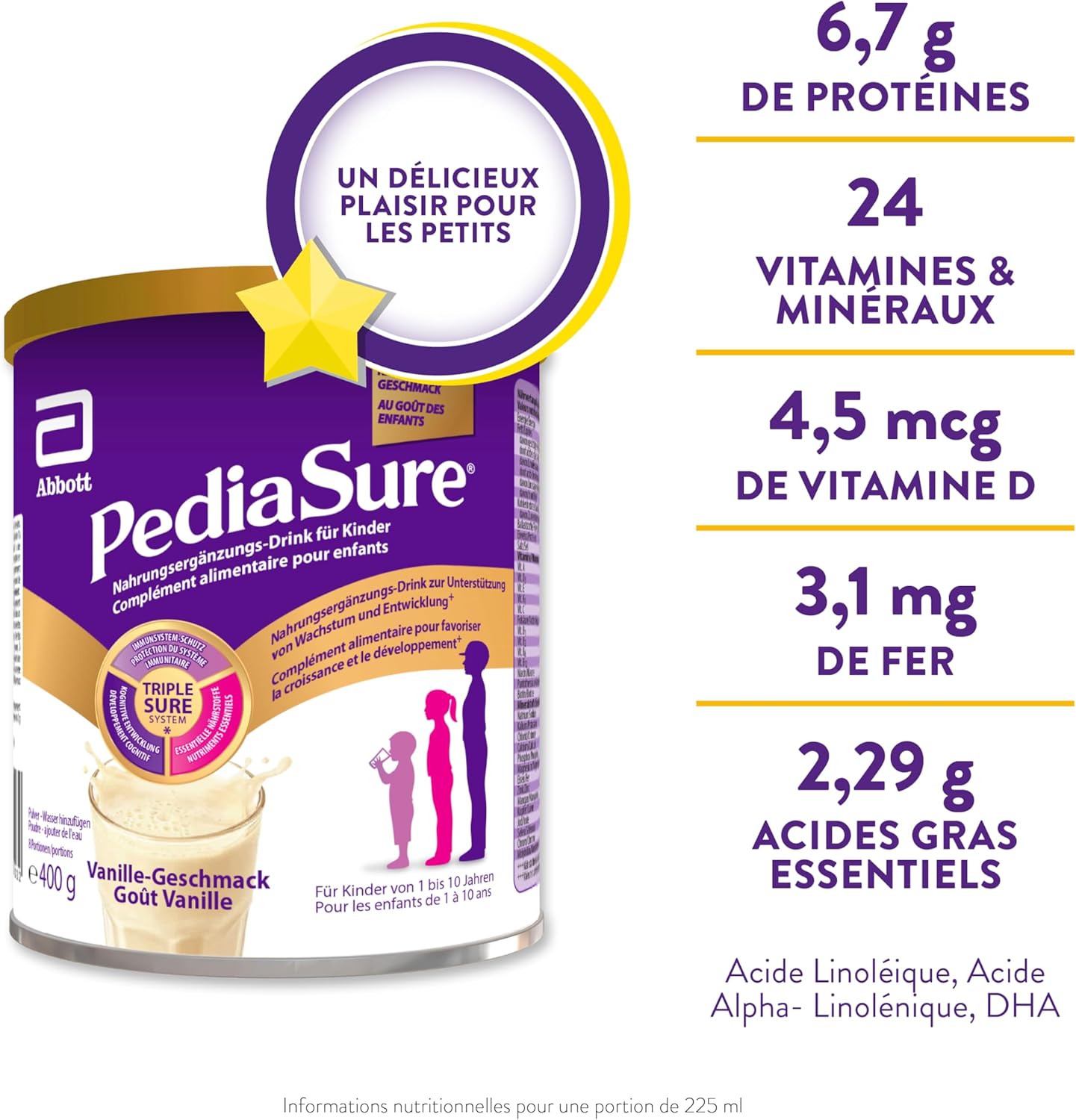 PediaSure Vanilla Shake - Food Supplement for Children - Shake with Multivitamins and Minerals, Proteins and Omega 3 and 6 - Ages 1 Year + - 1 x 400 g - Image 5