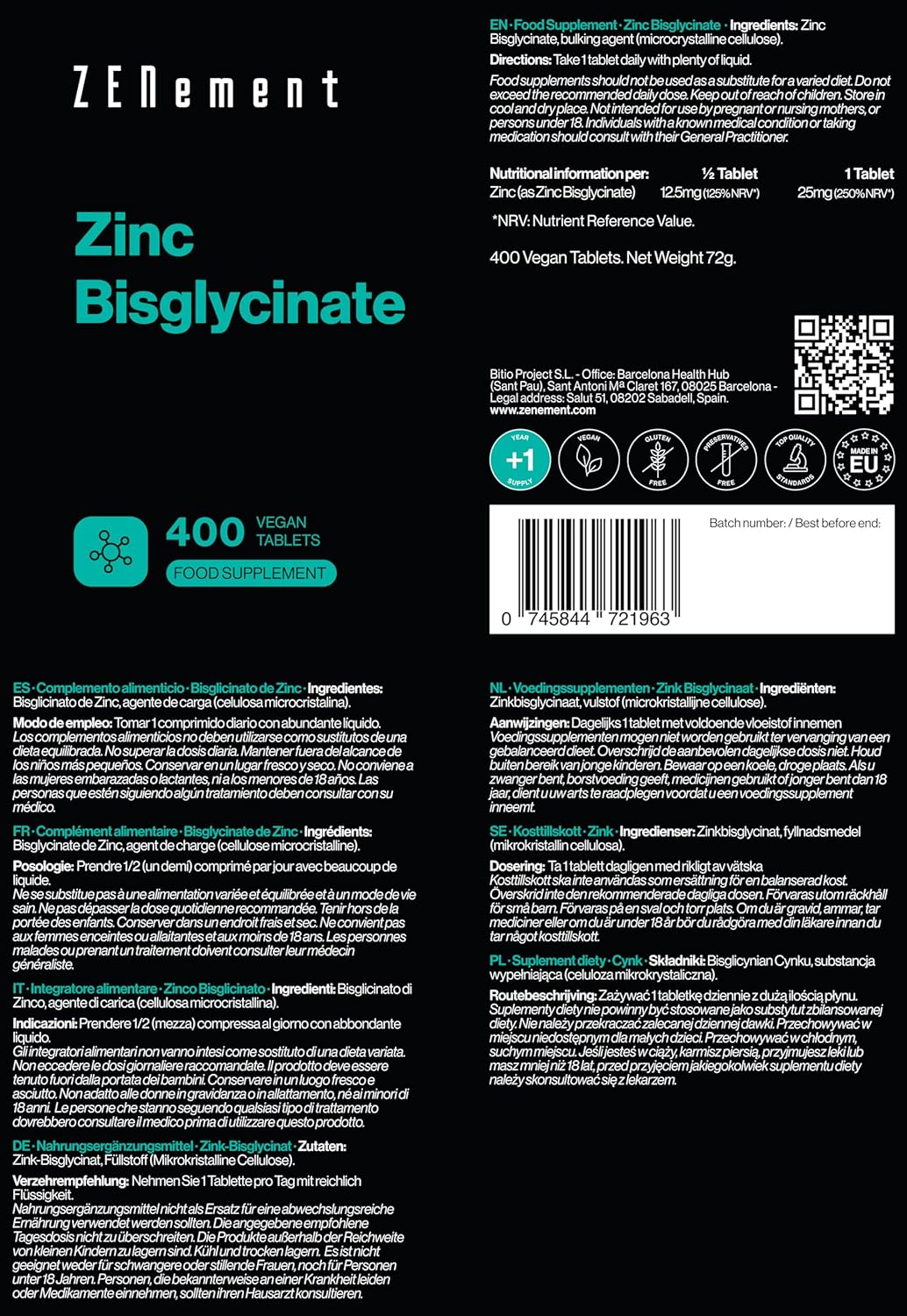 Zinc Bisglycinate, 400 Vegan Tablets | Skin, Hair, Nails, Immunity, Fatigue | Highly Bioavailable, Without Digestive Discomfort | 1 Tablet Every 2 Days, 12.5mg Zinc | Zenement - Image 5