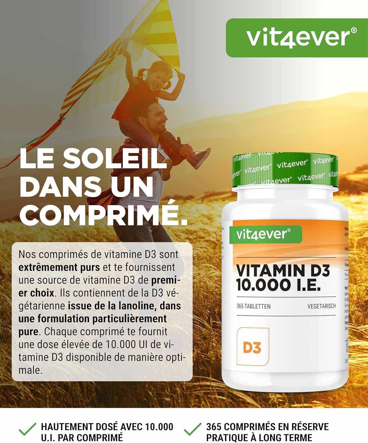 Vitamin D3 10.000 I.E. Depot - 365 Tablets - High Dose - Vegetarian - High Purity - 10 Daily Dose 1000 I.E. per Day - Image 3