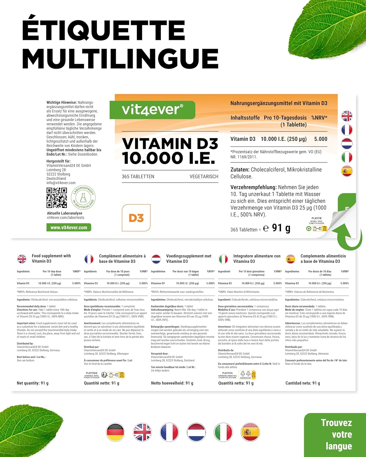 Vitamin D3 10.000 I.E. Depot - 365 Tablets - High Dose - Vegetarian - High Purity - 10 Daily Dose 1000 I.E. per Day - Image 7