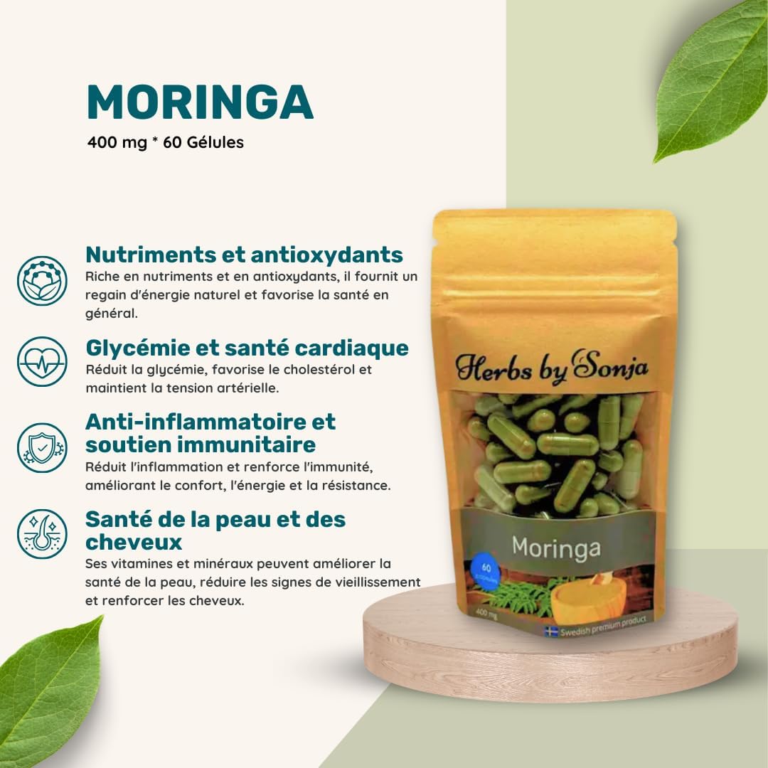 Moringa 400 mg * 60 Capsules - Highly Concentrated Moringa Extract: 20:1 Extract - Vegetable Capsule 400 mg - Vegan Protein Superfood - Natural Energy Boost - Image 4