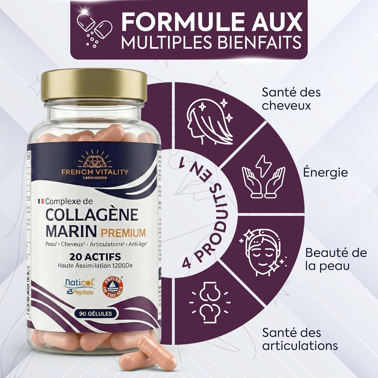 Premium Marine Collagen Complex - Naticol Tripeptides X3 - All-in-One 20 Active - Skin Hair Joints Anti-Aging - 90 Capsules - Image 3
