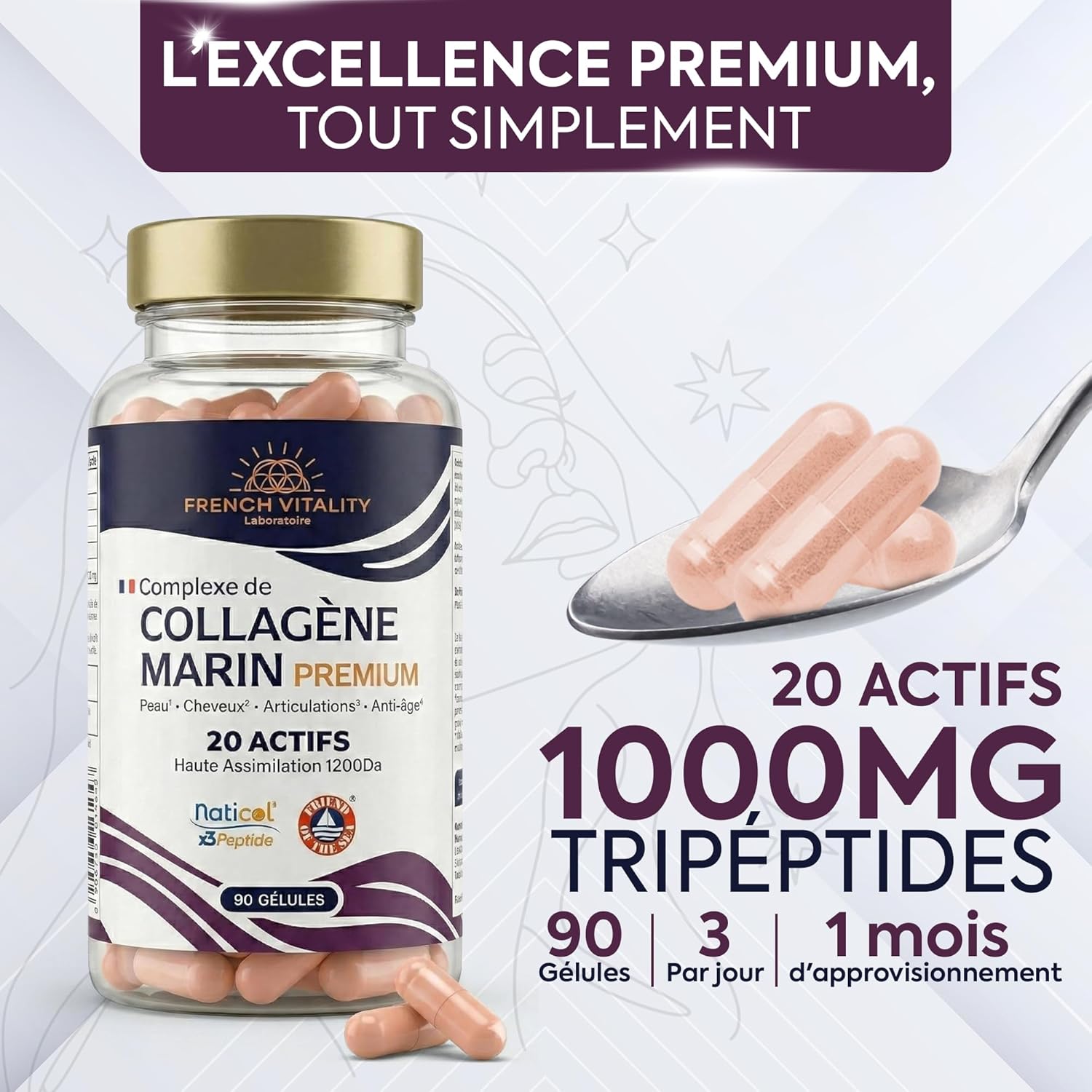 Premium Marine Collagen Complex - Naticol Tripeptides X3 - All-in-One 20 Active - Skin Hair Joints Anti-Aging - 90 Capsules - Image 4