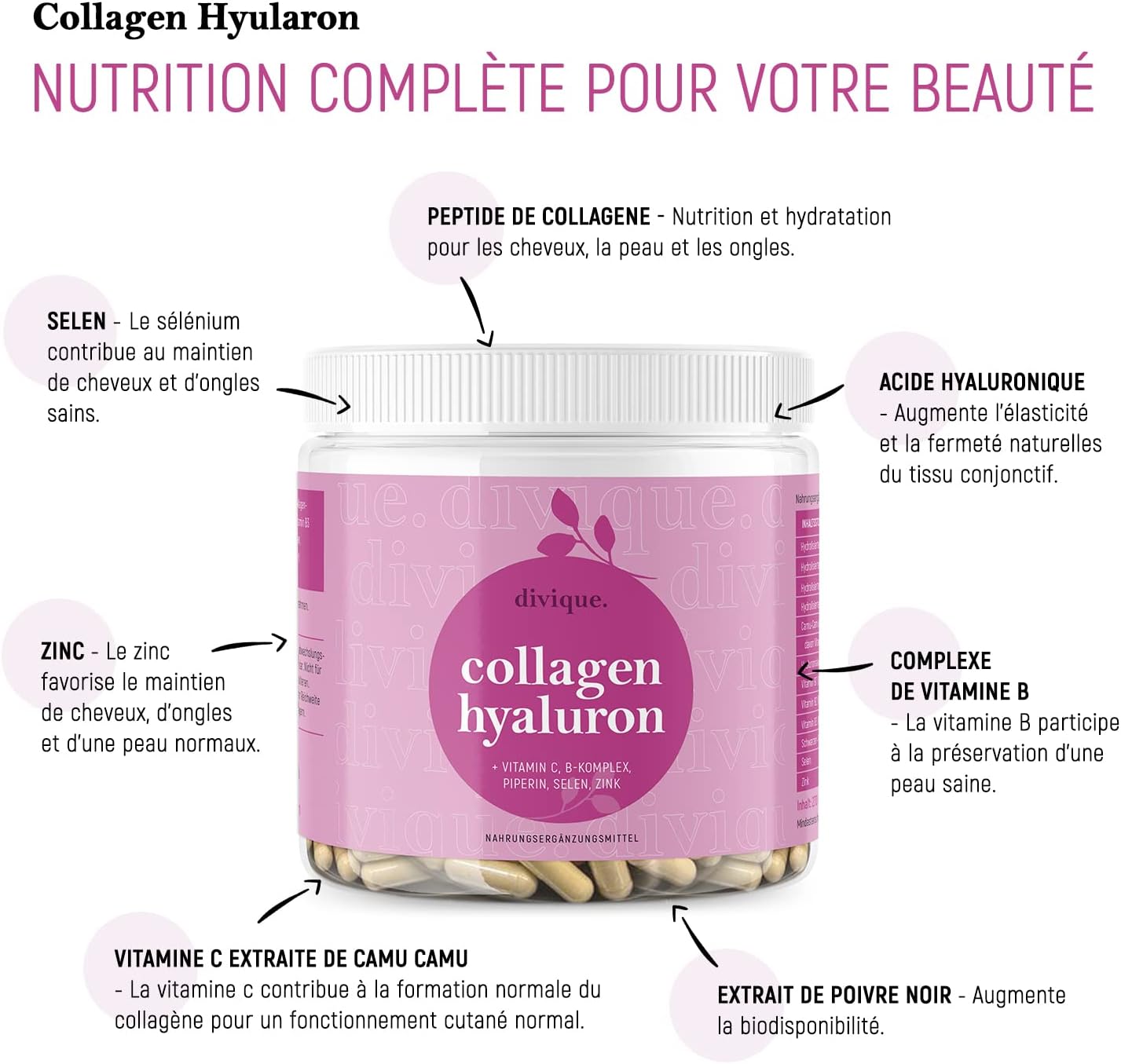 Collagen and Hyaluronic Acid 270 Capsules - Multicollagen Type 1, 2, 3, 5, 10 - with Hyaluronic Acid, Vitamin C, Biotin and Selenium Zinc - Image 5