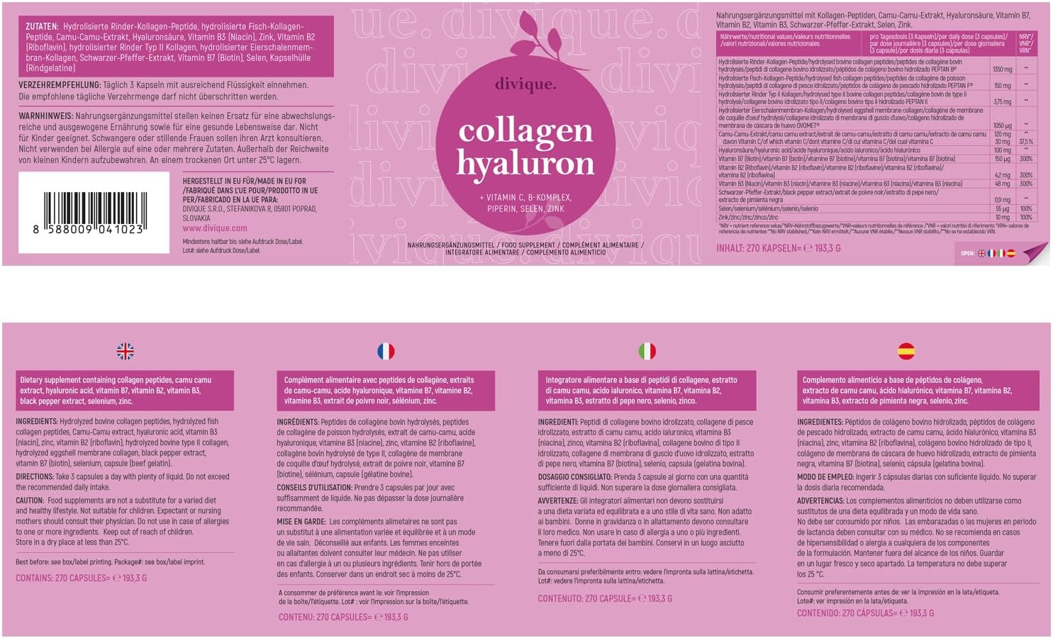 Collagen and Hyaluronic Acid 270 Capsules - Multicollagen Type 1, 2, 3, 5, 10 - with Hyaluronic Acid, Vitamin C, Biotin and Selenium Zinc - Image 6