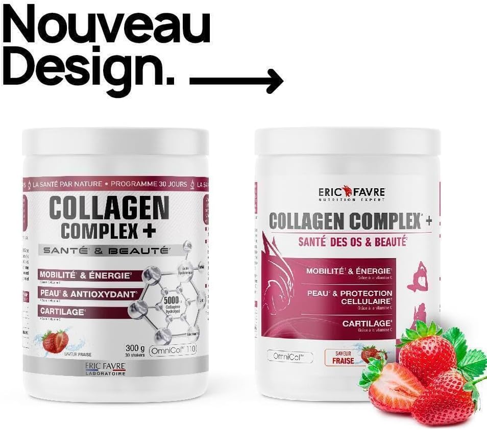 Complex Collagen + - Hydrolyzed Bovine Collagen Type 1 to 5 - Joints, Mobility - Vitamin C, Hyaluronic Acid - 300 g Strawberry - Eric Favre - Image 3