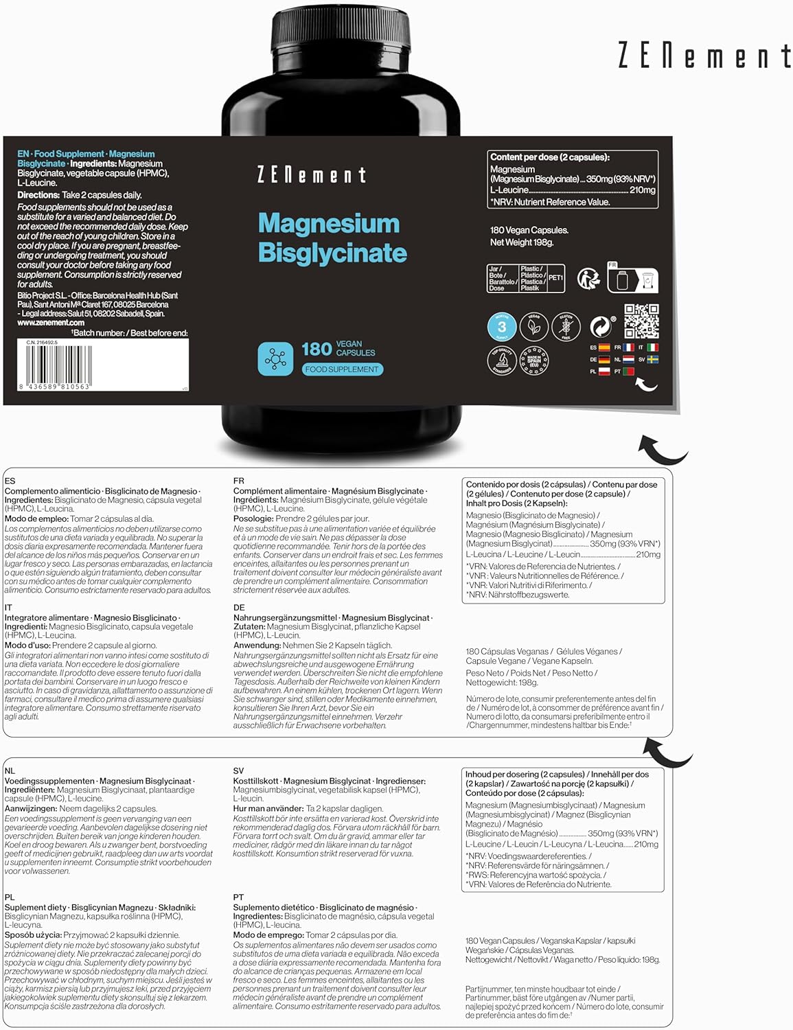Magnesium Bisglycinate, High dosed: 350 mg elemental magnesium | 180 vegetable capsules (3 months) | Sleep, Stress, Fatigue | Maximum Absorption & Easy Assimilation | Zenement - Image 5